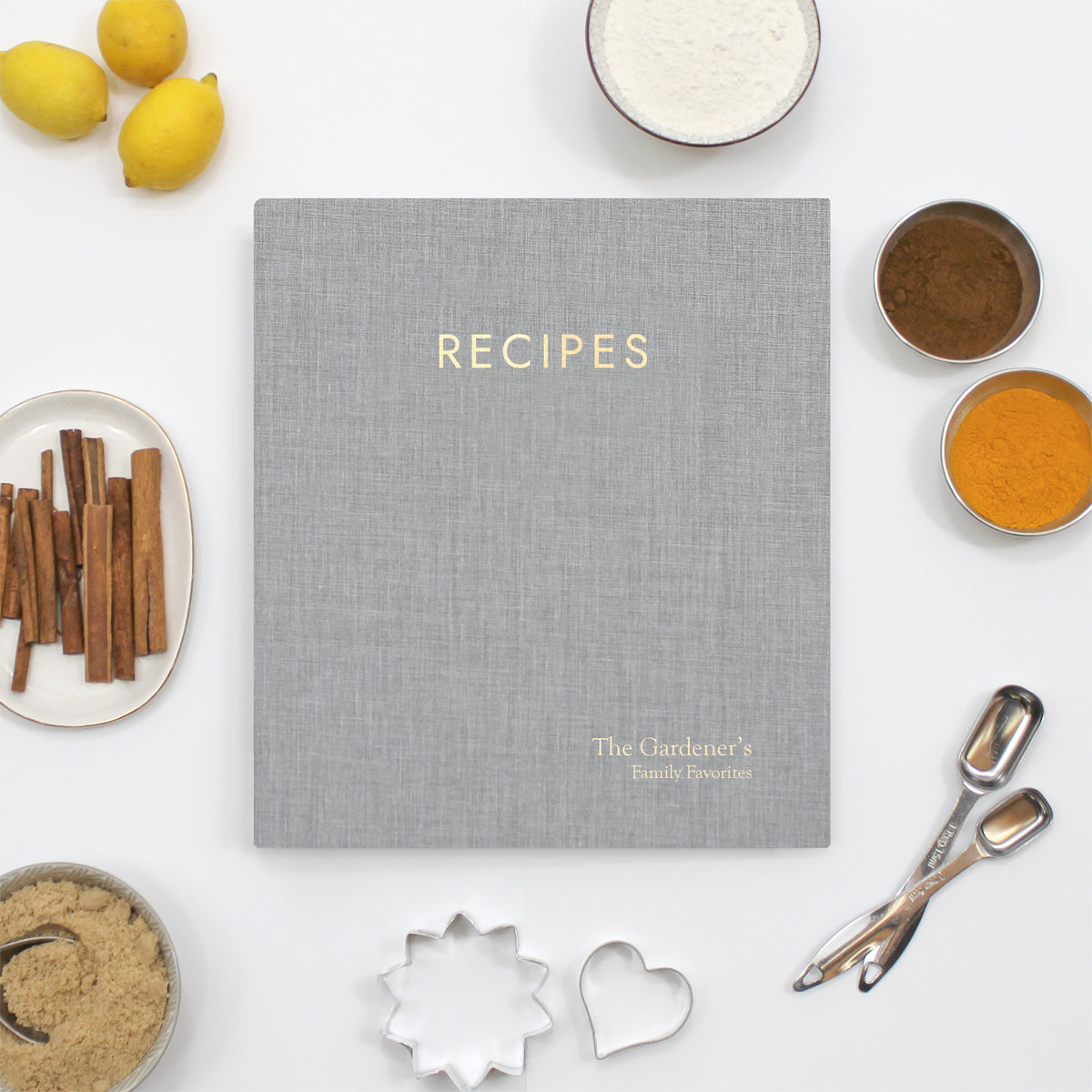 Recipe Journal Embossed with &quot;RECIPES&quot; covered with Dove Gray Linen