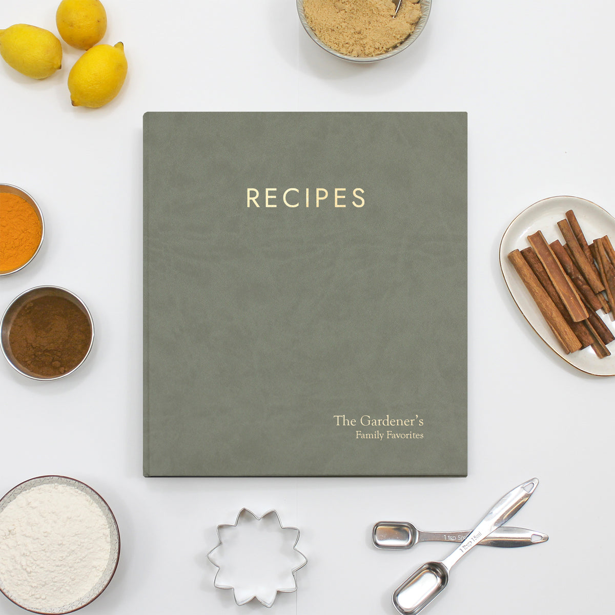 Recipe Journal Embossed with &quot;RECIPES&quot; covered with Moss Faux Leather