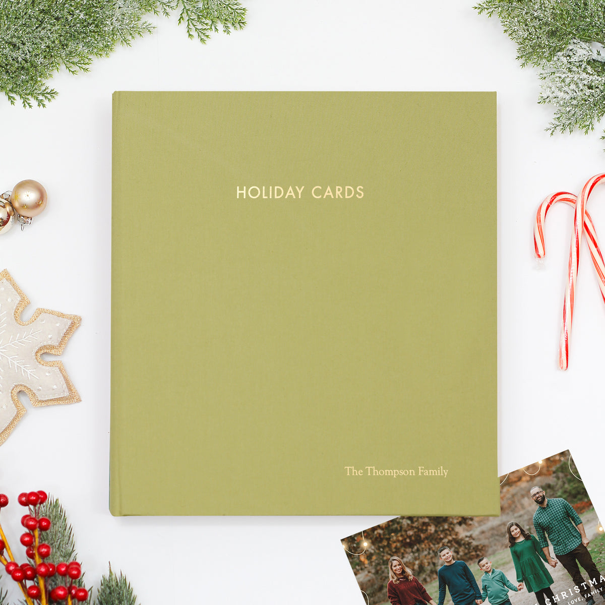 Holiday Card Album | Cover: Light Green Cotton  | Embossed with “Holiday Cards” | Available Personalized